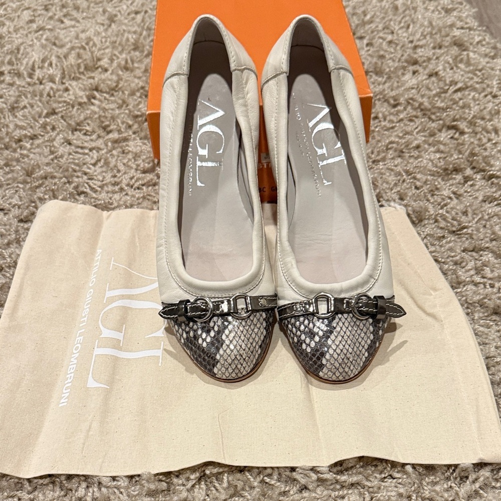 AGL Cream and grey Snake Flats w/ silver buckle detail, 37 1/2.  Lightly worn.